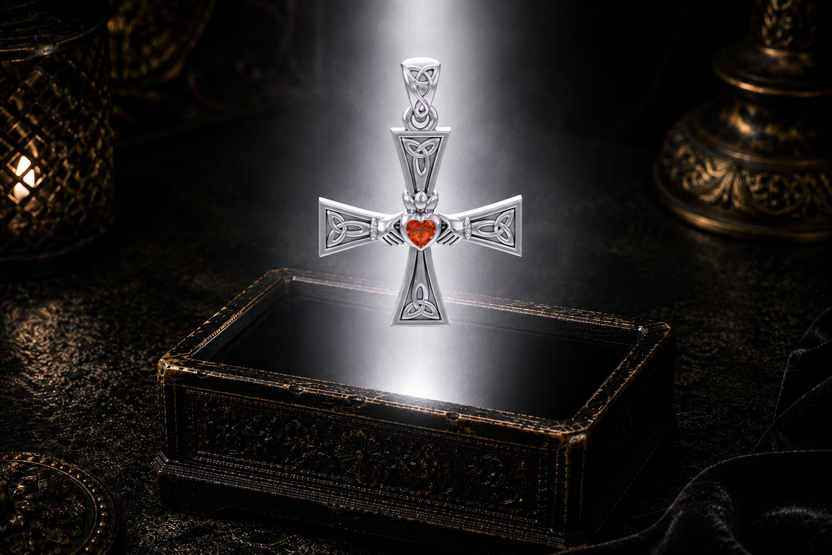 Sterling silver Claddagh equal arm Celtic cross pendant with garnet gemstone floating above an ornate jewelry box illuminated by luminous white light in a dark luxury setting.