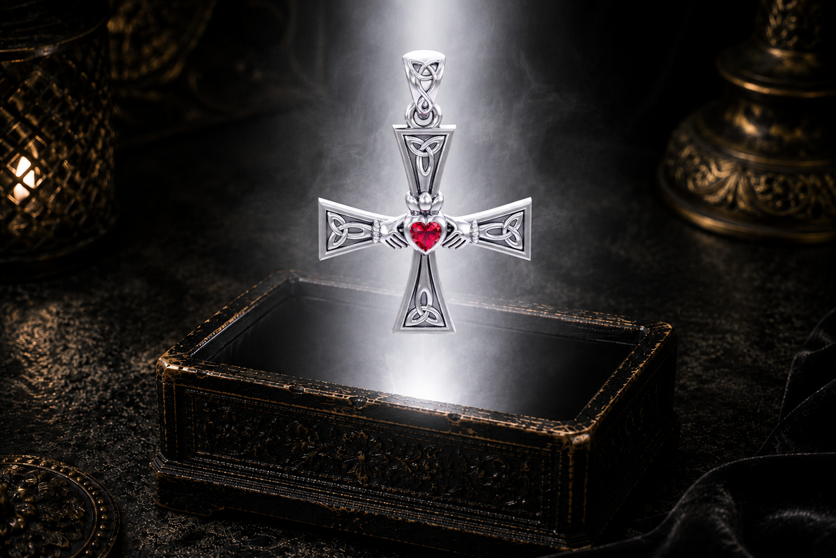 Sterling silver Claddagh equal arm Celtic cross pendant with ruby gemstone floating above an ornate jewelry box surrounded by luminous white light within a cinematic shadowed atmosphere.