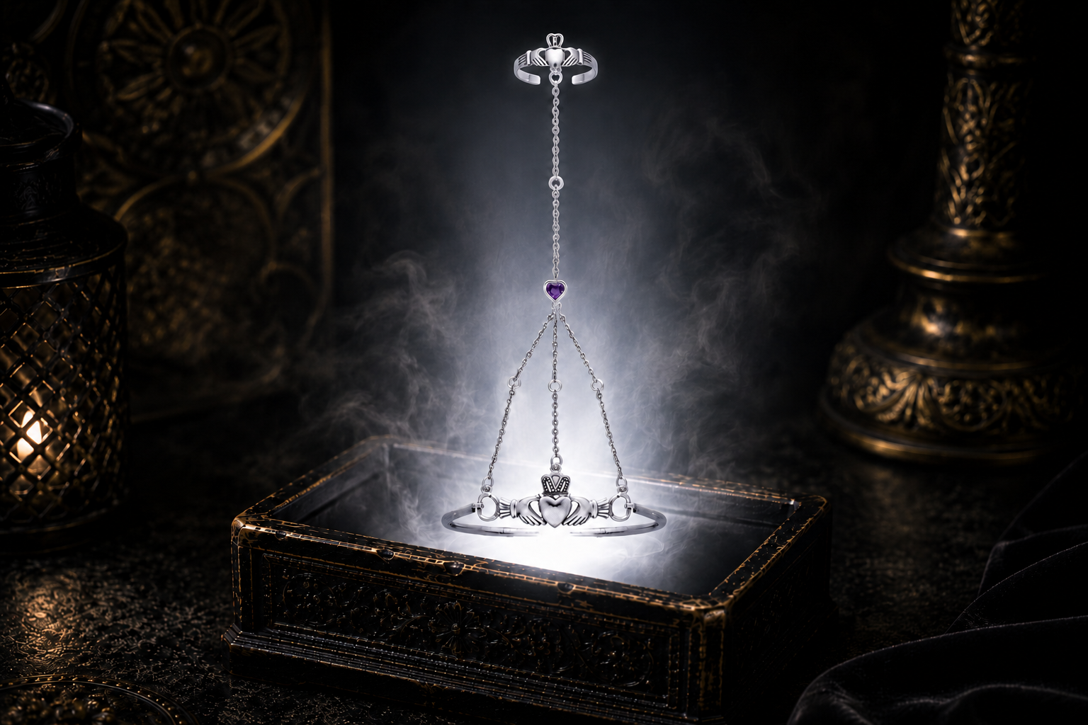 Sterling silver Claddagh hand chain bracelet with matching finger ring and amethyst heart gemstone floating above an ornate jewelry box illuminated by soft white light in a dark luxury setting inspired by Irish heritage and timeless elegance.