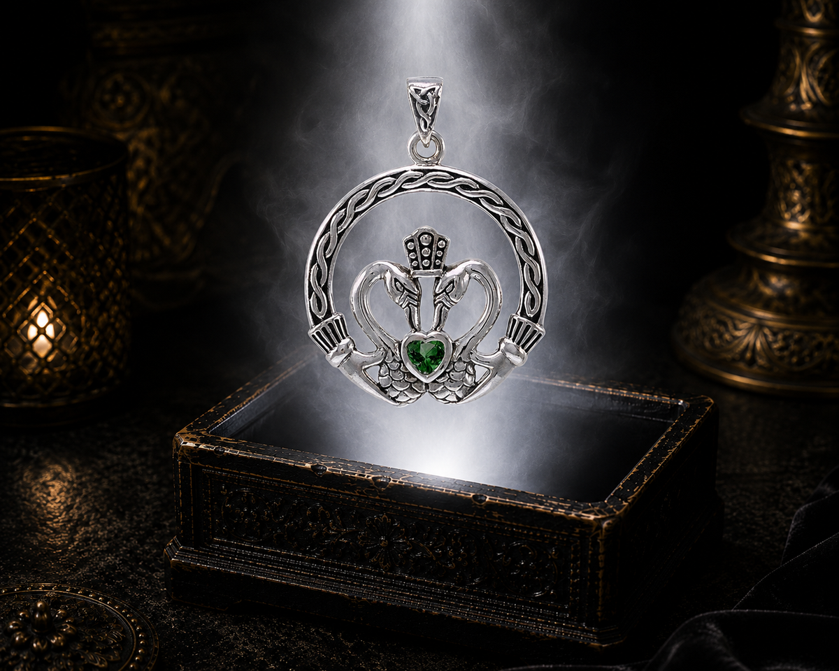 Sterling silver Claddagh swan heart pendant with emerald glass gemstone floating above an ornate dark jewelry chest surrounded by radiant white glow in a refined luxury setting.