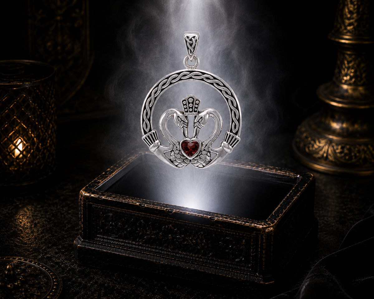Sterling silver Claddagh swan heart pendant with garnet gemstone floating above an ornate jewelry box surrounded by luminous white light in a dark luxury setting.