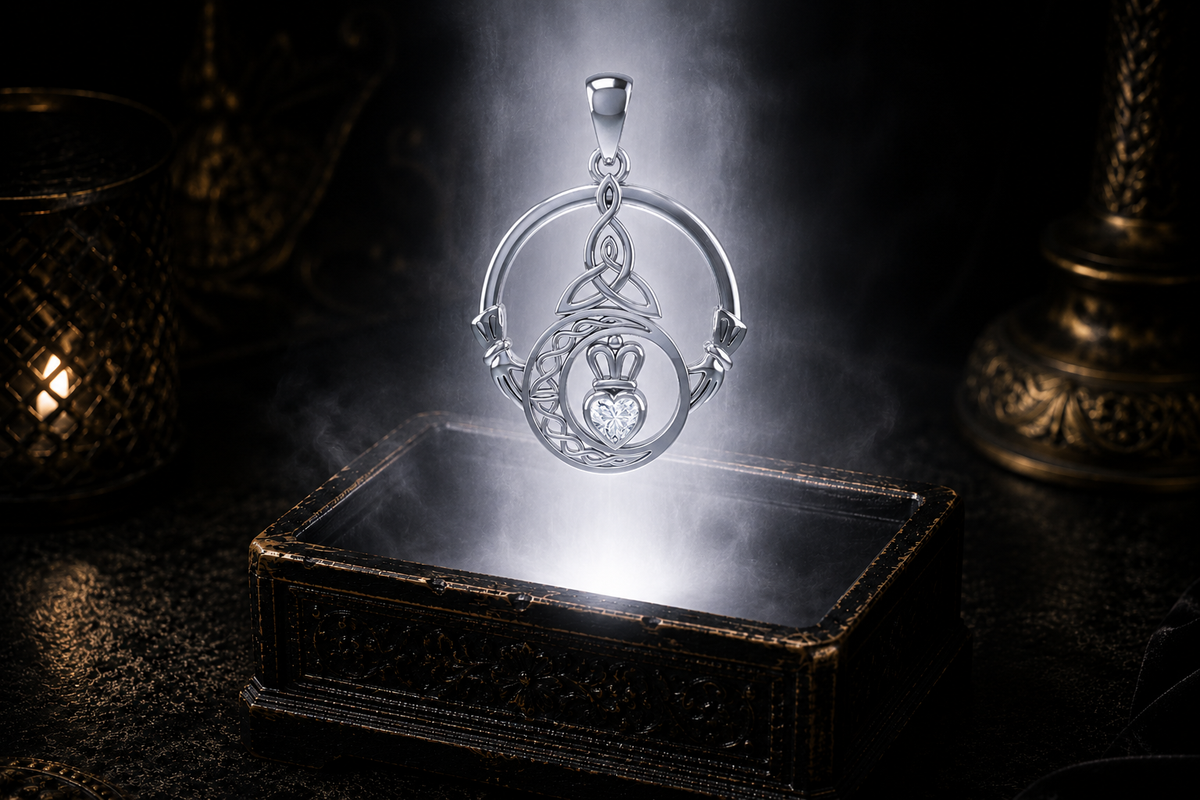 Sterling silver Claddagh Trinity Moon pendant with cubic zirconia gemstone floating above a luminous jewelry chest against a dark luxury backdrop, highlighting Celtic knotwork, a crescent moon, and a crowned heart.