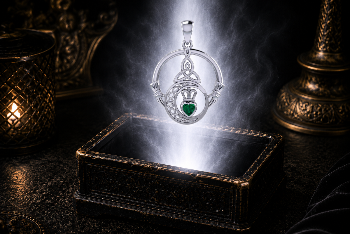Sterling silver Claddagh Trinity Moon pendant with emerald glass gemstone floating above an ornate dark jewelry box illuminated by mystical light, showcasing a Trinity Knot, crescent moon, and Claddagh heart.