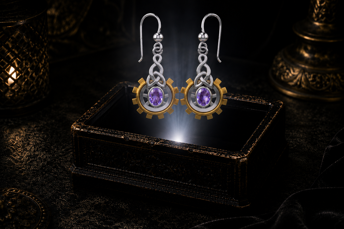 Clockwork Celtic sterling silver earrings with 14K gold gear accents and amethyst oval gemstones floating above a glowing ornate jewelry box in a dark luxury setting