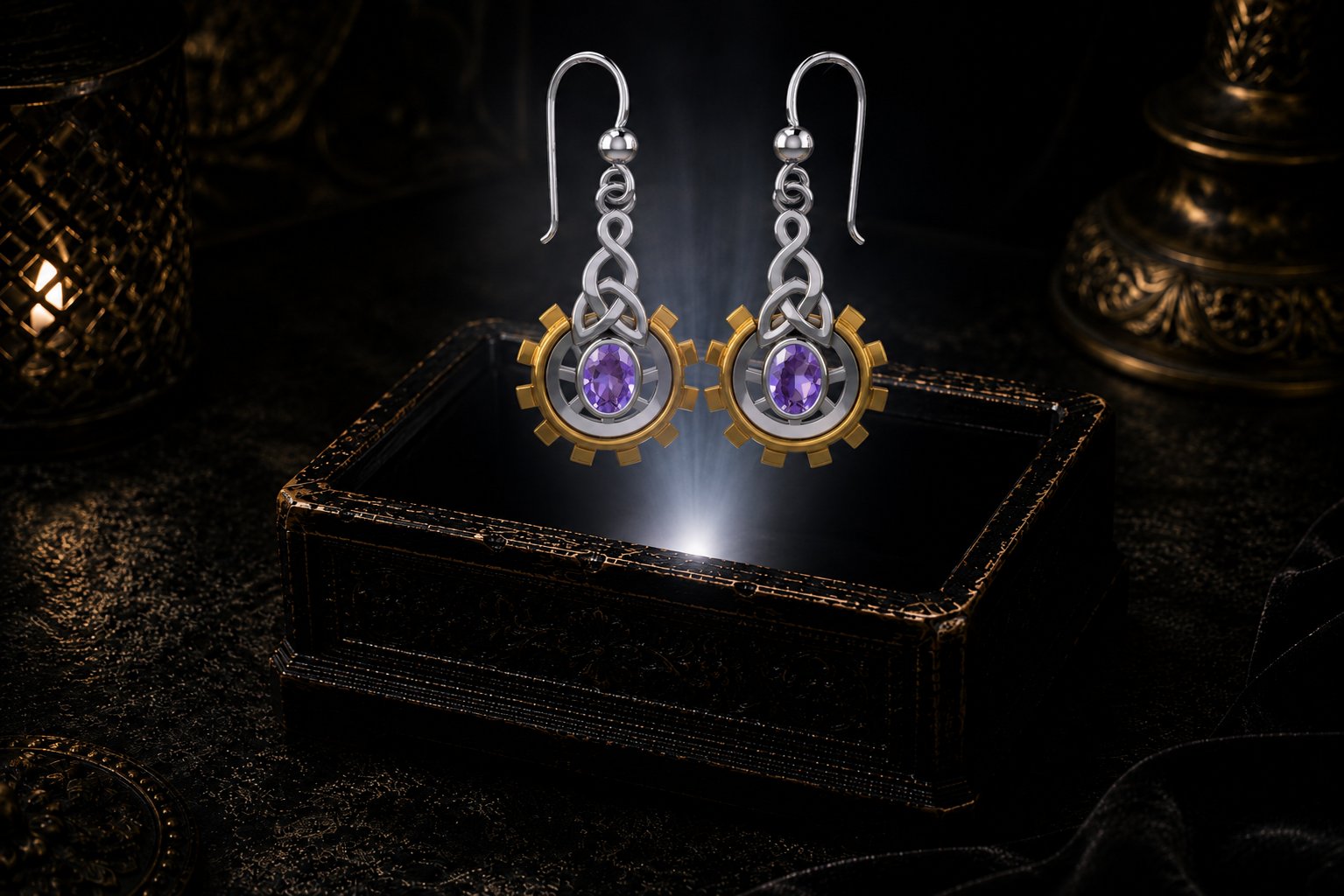 Clockwork Celtic sterling silver earrings with 14K gold gear accents and garnet oval gemstones floating above a glowing ornate jewelry box in a dark luxury setting