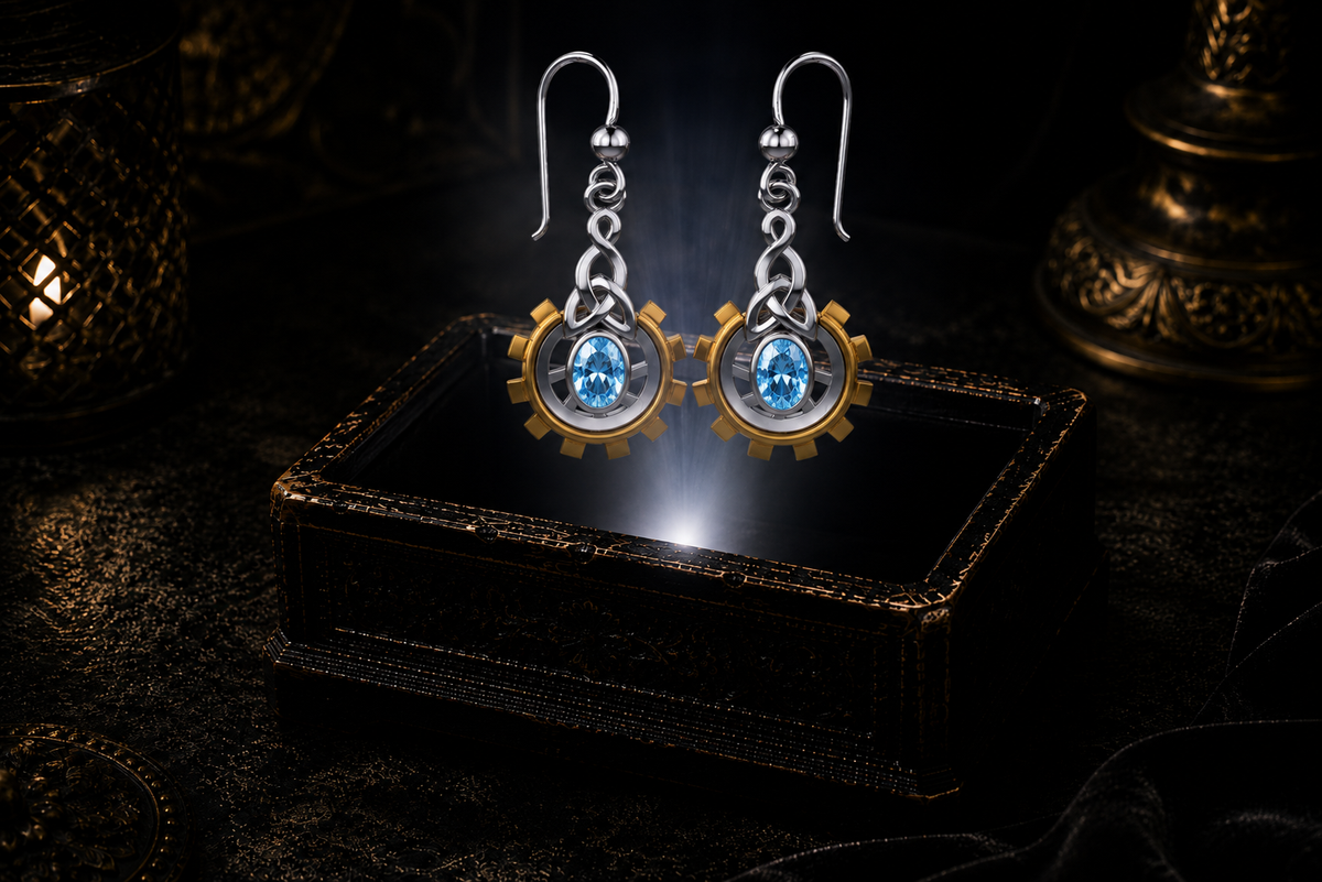Clockwork Celtic sterling silver earrings with 14K gold gear accents and blue topaz oval gemstones floating above a glowing ornate jewelry box in a dark luxury setting