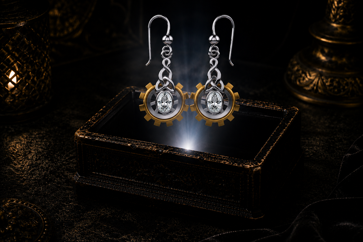 Clockwork Celtic sterling silver earrings with 14K gold gear accents and cubic zirconia oval gemstones floating above a glowing ornate jewelry box in a dark luxury setting