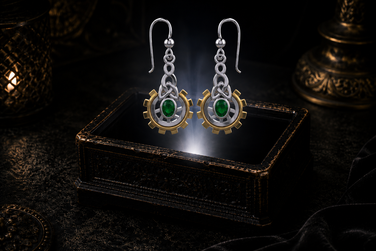 Clockwork Celtic sterling silver earrings with 14K gold gear accents and emerald glass oval gemstones floating above a glowing ornate jewelry box in a dark luxury setting