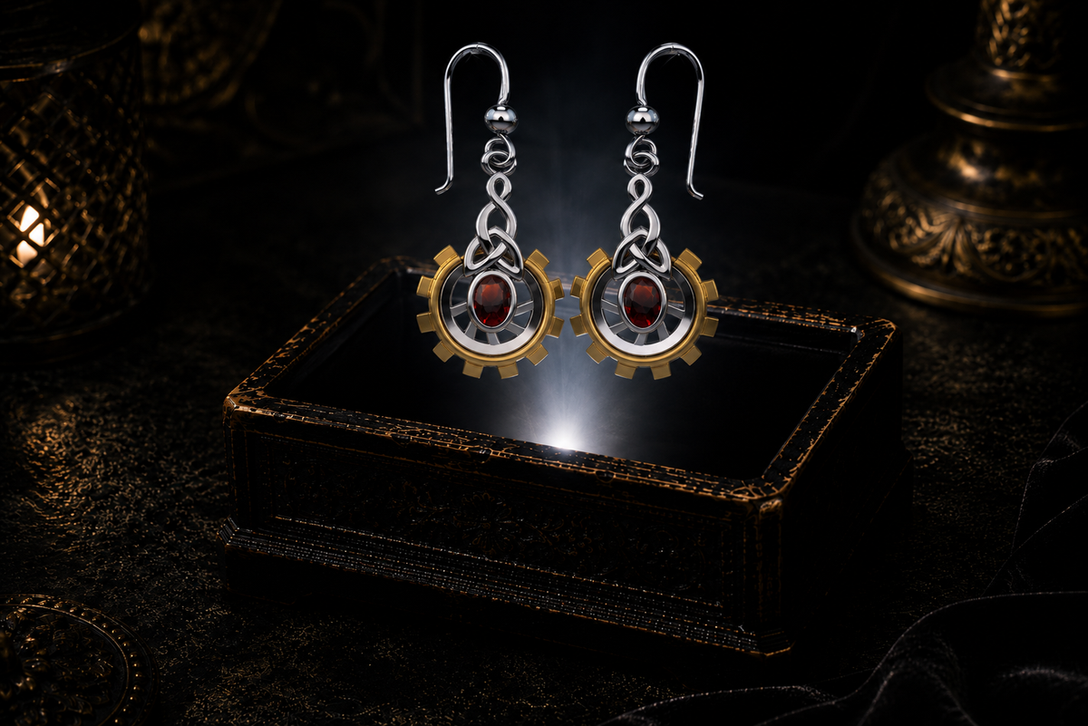 Clockwork Celtic sterling silver earrings with 14K gold gear accents and garnet oval gemstones floating above a glowing ornate jewelry box in a dark luxury setting