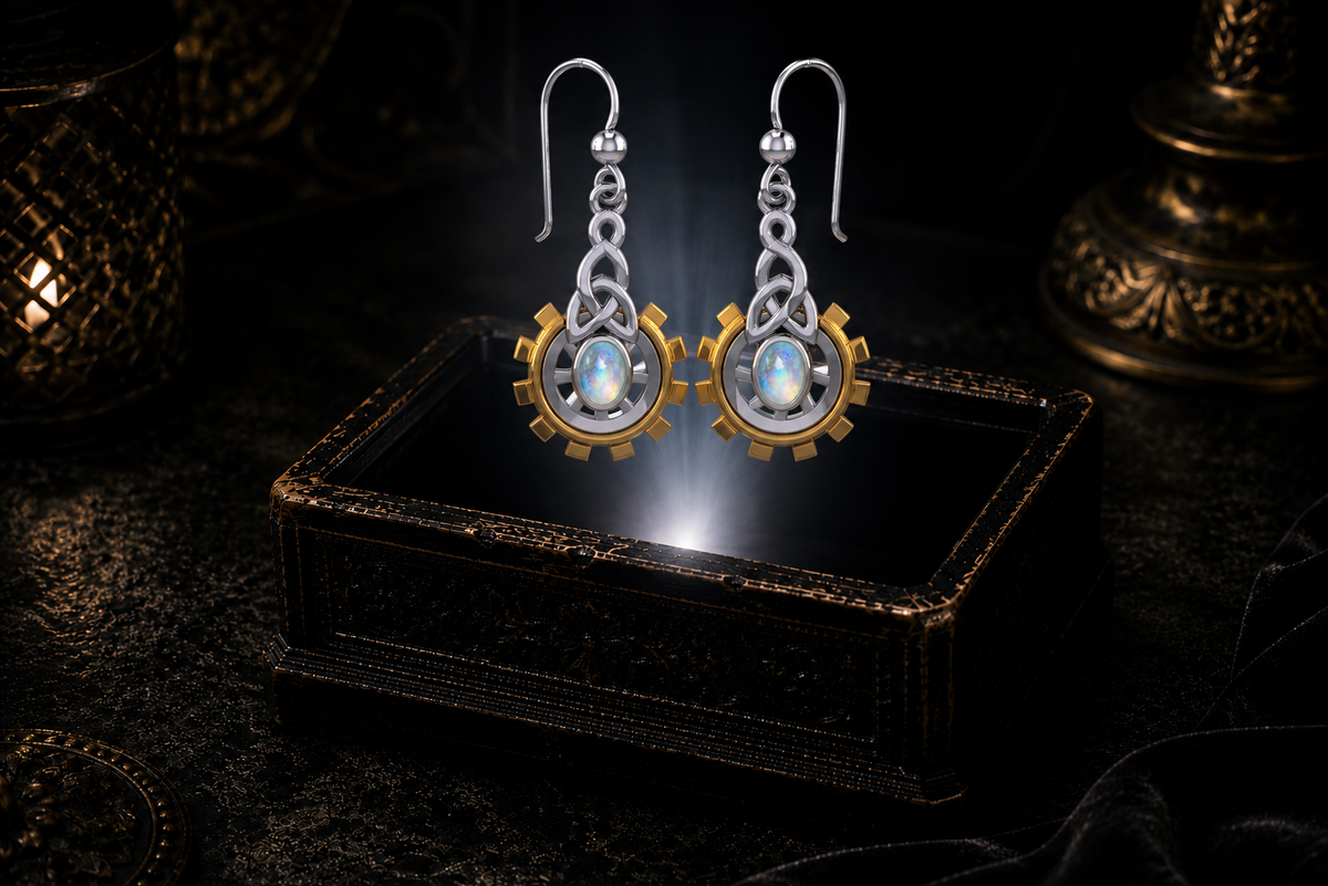 Clockwork Celtic sterling silver earrings with 14K gold gear accents and rainbow moonstone oval gemstones floating above a glowing ornate jewelry box in a dark luxury setting