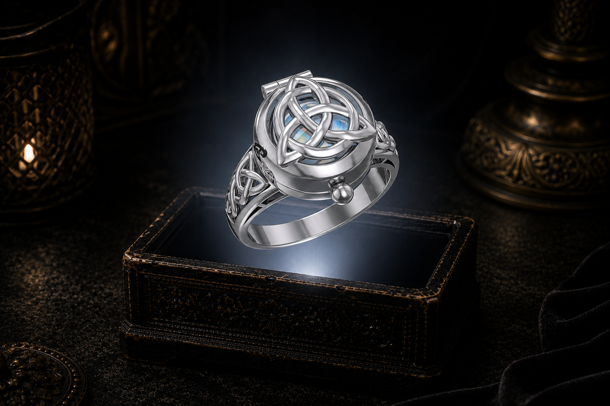 Sterling silver closed mystical Triquetra locket ring with rainbow moonstone gemstone and hidden cabochon stone hovering above an illuminated antique jewelry box in a cinematic luxury setting