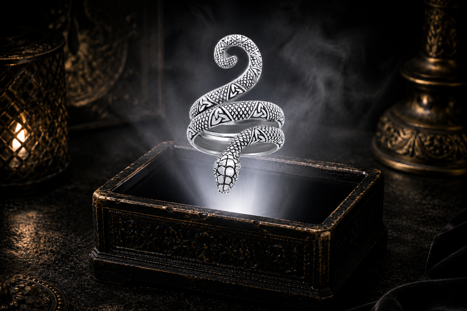 Coiled Celtic Trinity Knot Snake Sterling Silver Ring featuring intricate Triquetra engravings, detailed serpent scales, a raised head, and an elegant wrap design symbolizing wisdom, protection, transformation, and eternity.