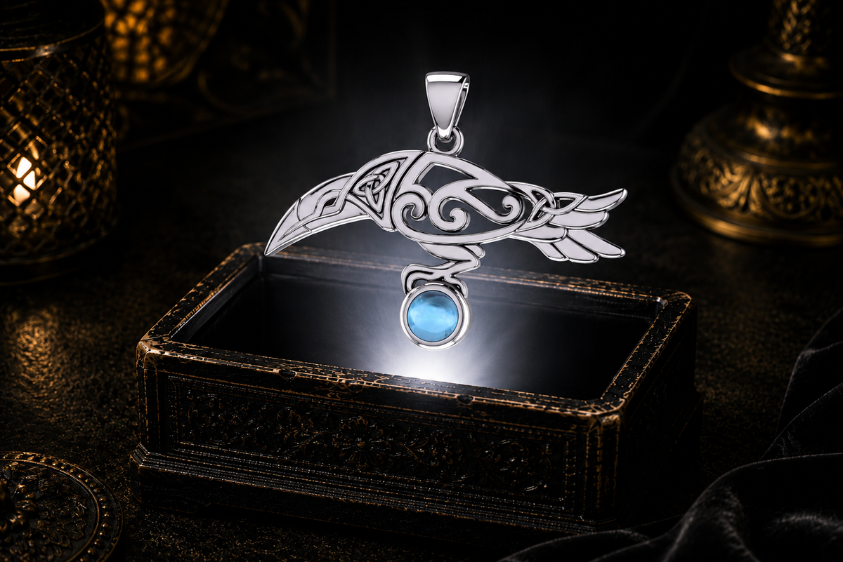 Sterling silver Celtic raven pendant with blue topaz cabochon gemstone floating above an ornate jewelry box in a dark luxury setting with luminous atmospheric lighting.