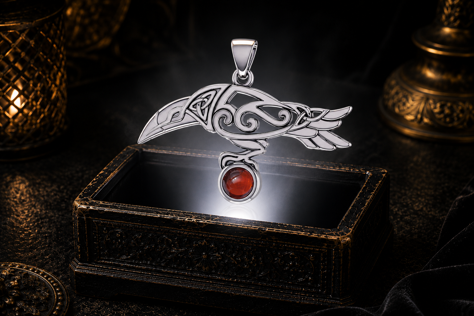 Sterling silver Celtic raven pendant with garnet cabochon gemstone showcased above an ornate jewelry box surrounded by warm cinematic light and mystical ambiance.