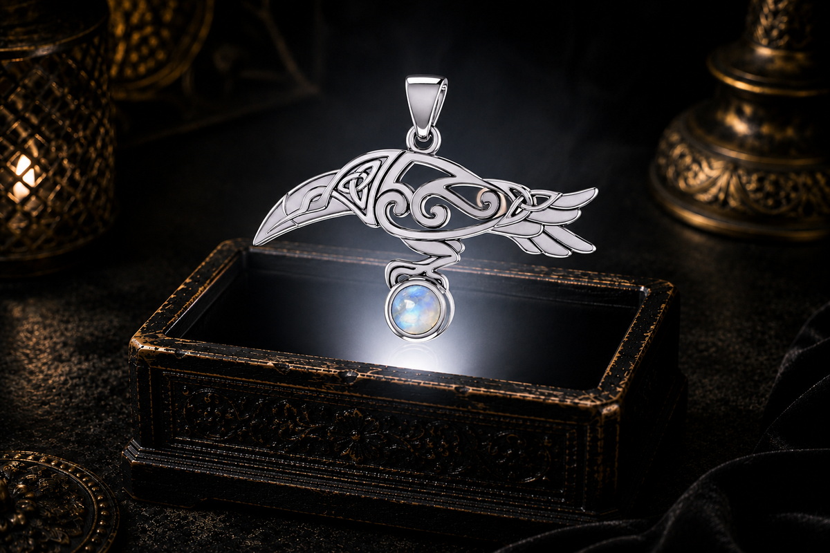 Sterling silver Celtic raven pendant with rainbow moonstone cabochon gemstone floating above an ornate jewelry box in a dark cinematic luxury setting with ethereal illumination.