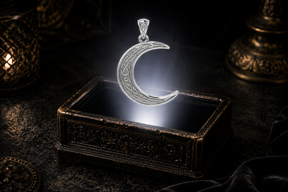 14K white gold crescent moon pendant featuring intricate Celtic knotwork floating above an ornate jewelry box in a dark cinematic luxury setting illuminated by a mystical glow.