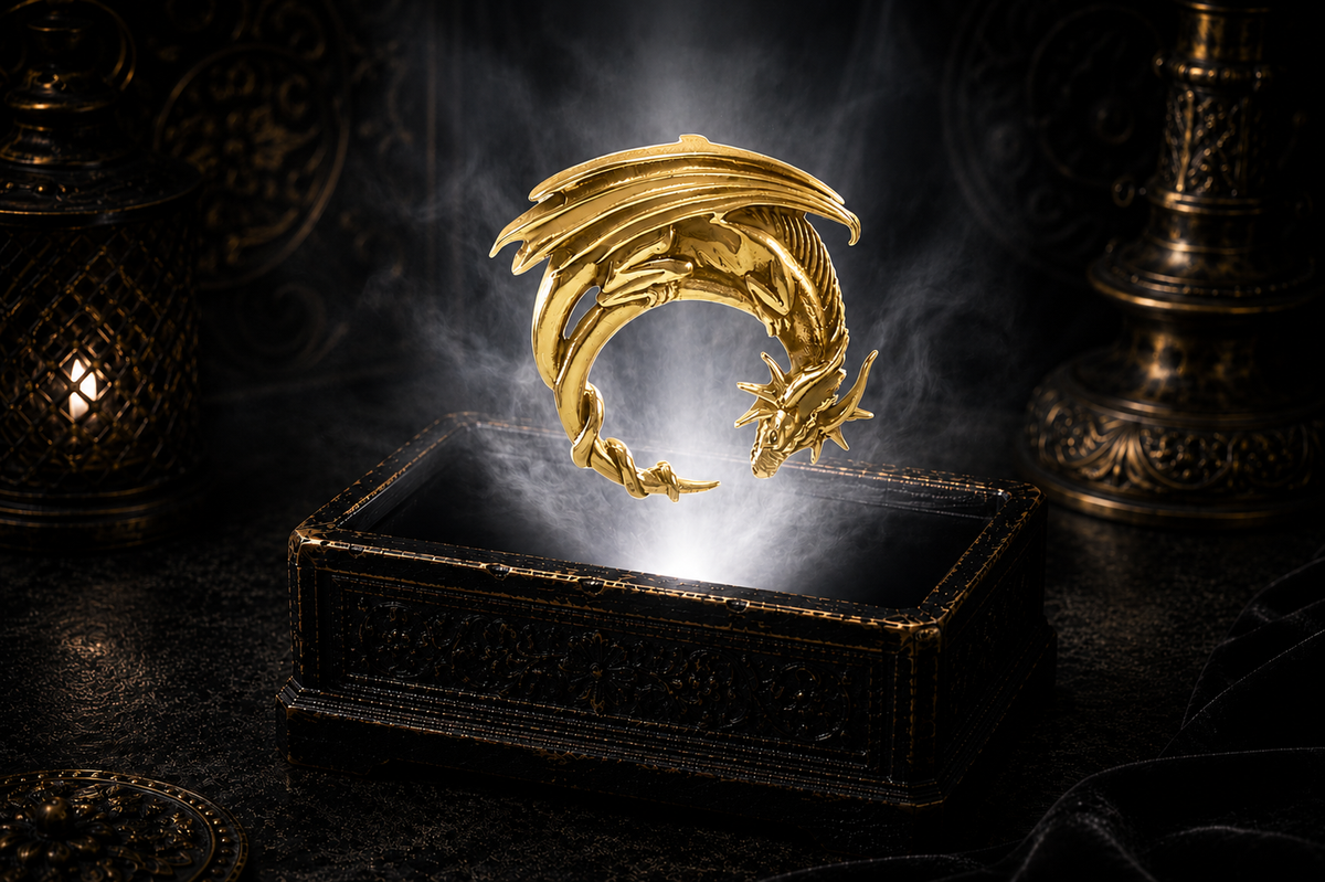 14K and 18K solid yellow gold Crescent Moon Dragon pendant featuring a coiled dragon forming a crescent moon, displayed above an ornate black jewelry box illuminated by soft white light in a dark luxurious Celtic-inspired setting.