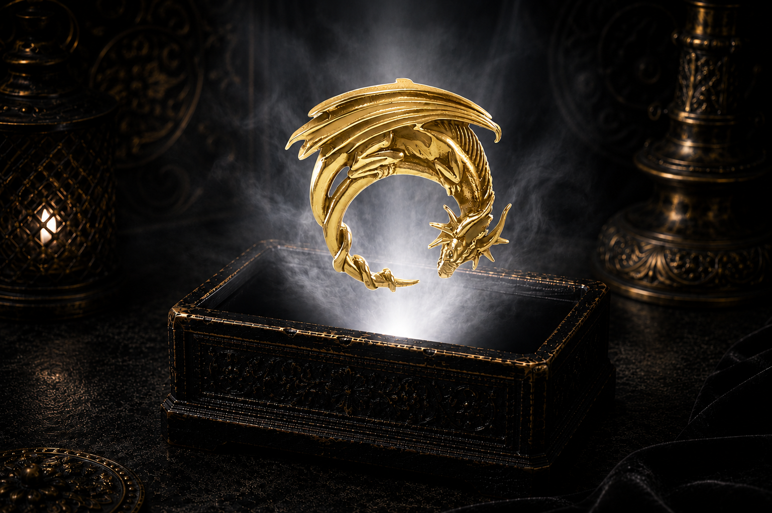 14K and 18K solid yellow gold Crescent Moon Dragon pendant featuring a coiled dragon forming a crescent moon, displayed above an ornate black jewelry box illuminated by soft white light in a dark luxurious Celtic-inspired setting.