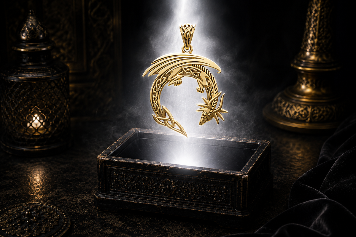 Solid gold crescent moon dragon Celtic guardian pendant floating above an ornate dark jewelry box surrounded by luminous white light and drifting mist in a cinematic luxury setting.
