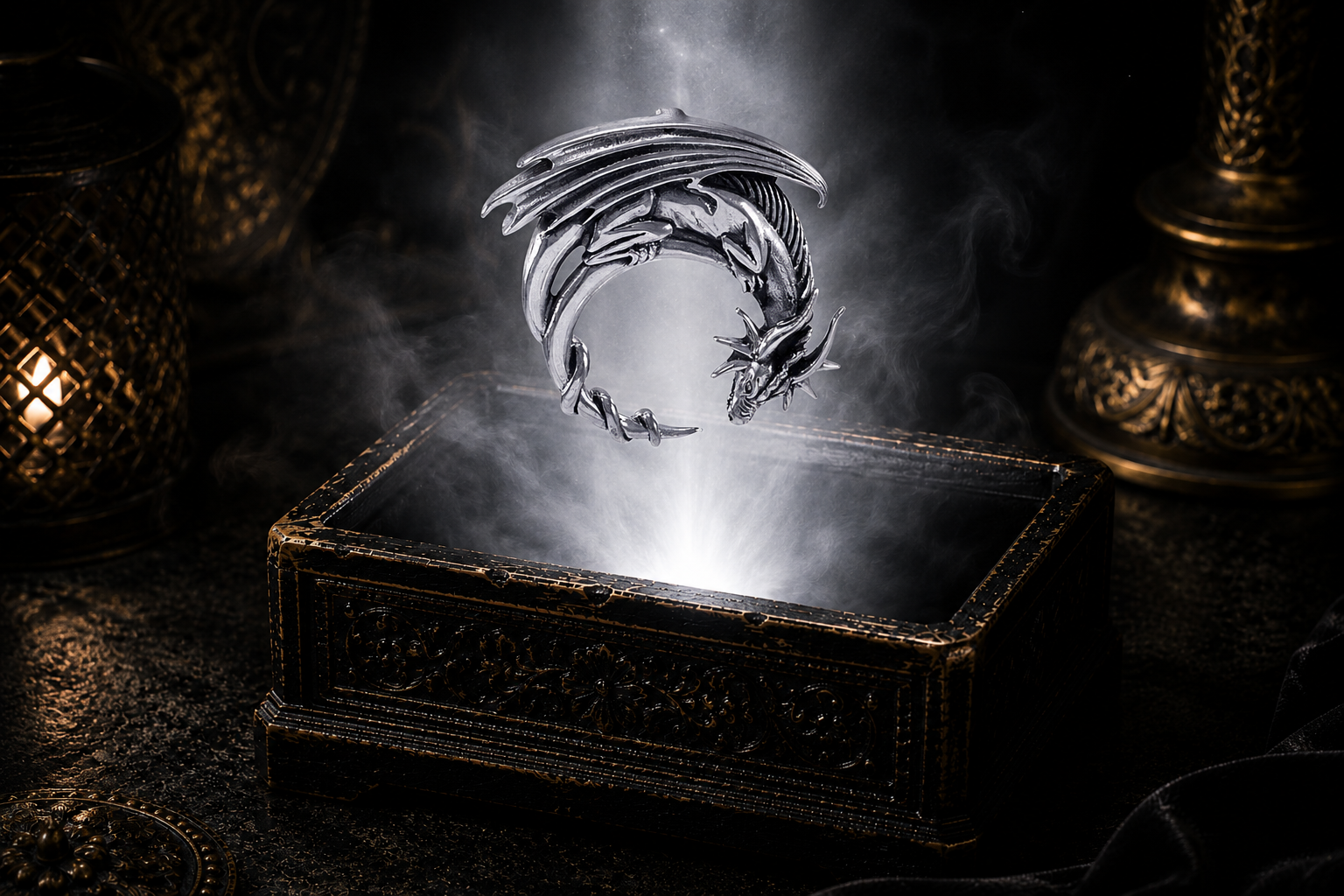 Sterling silver crescent moon dragon Celtic guardian pendant floating above an ornate dark jewelry box surrounded by luminous white light and drifting mist in a cinematic luxury setting.