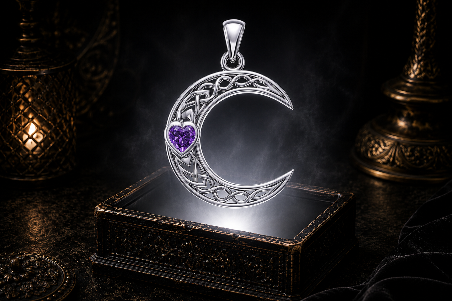 14K white gold crescent moon pendant featuring a heart-shaped garnet gemstone and intricate Celtic knotwork floating above an ornate, antique jewelry box in a dark cinematic luxury setting illuminated by a mystical glow.