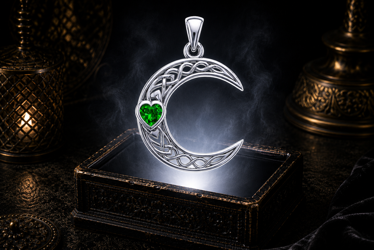 14K white gold crescent moon pendant featuring a heart-shaped emerald glass gemstone and intricate Celtic knotwork floating above an ornate jewelry box in a dark cinematic luxury setting illuminated by a mystical glow.