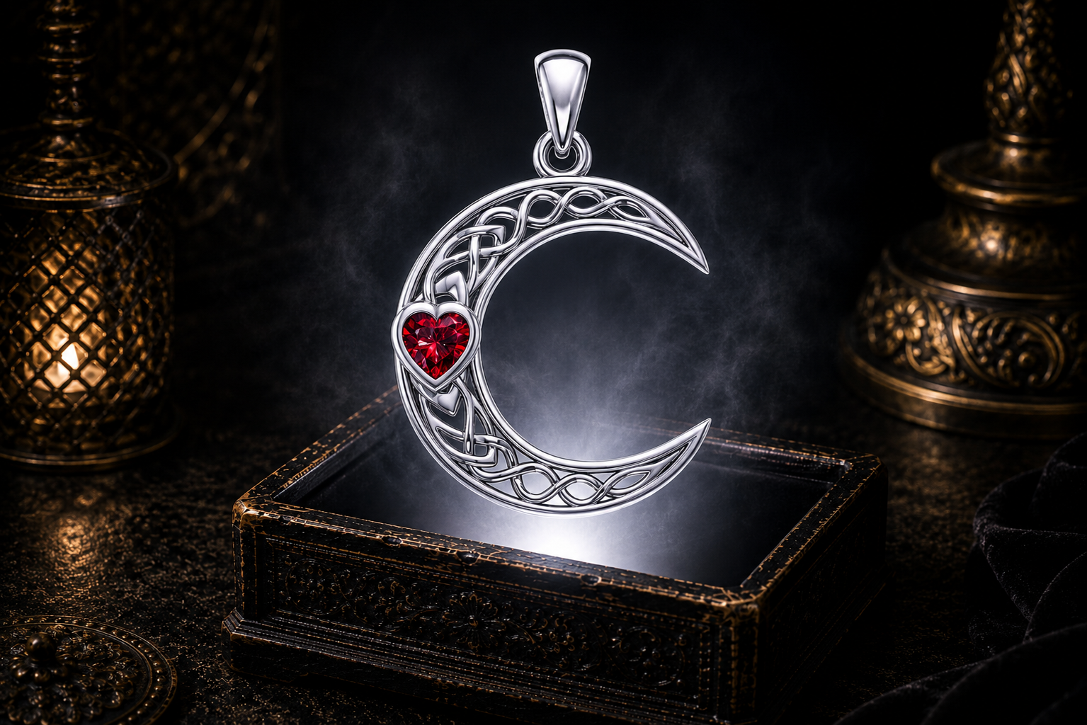 14K white gold crescent moon pendant featuring a heart-shaped garnet gemstone and intricate Celtic knotwork floating above an ornate, antique jewelry box in a dark cinematic luxury setting illuminated by a mystical glow.