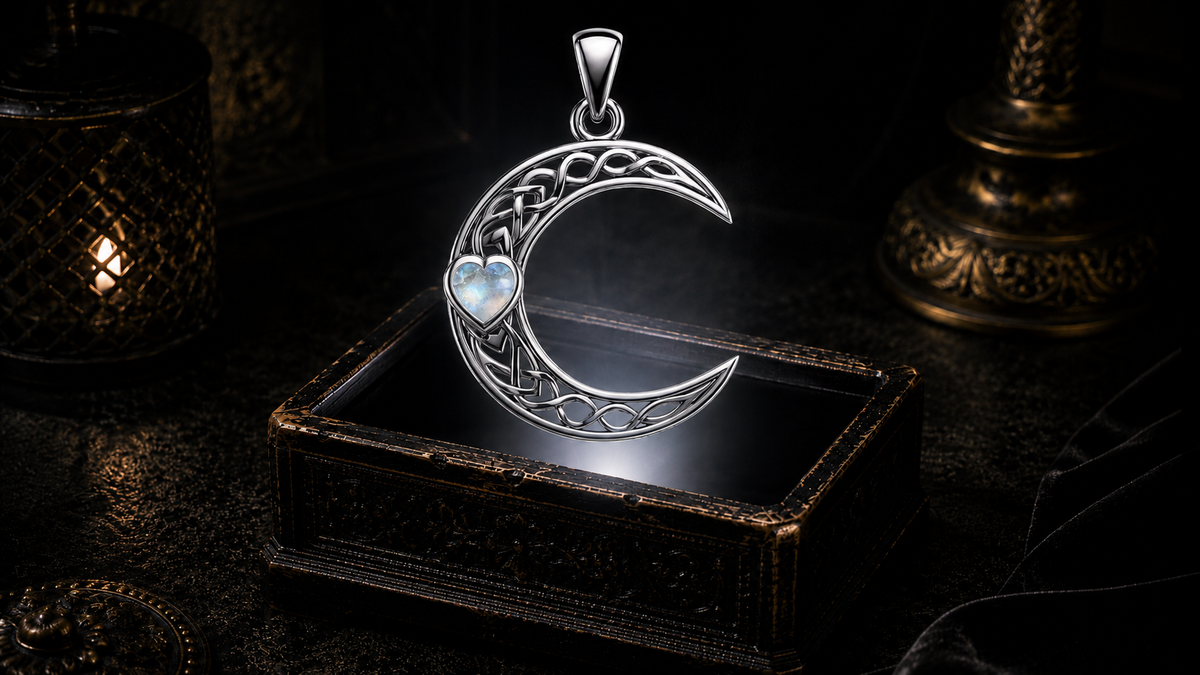 14K white gold crescent moon pendant featuring a heart-shaped rainbow moonstone gemstone and intricate Celtic knotwork floating above an ornate jewelry box in a dark cinematic luxury setting illuminated by a mystical glow.