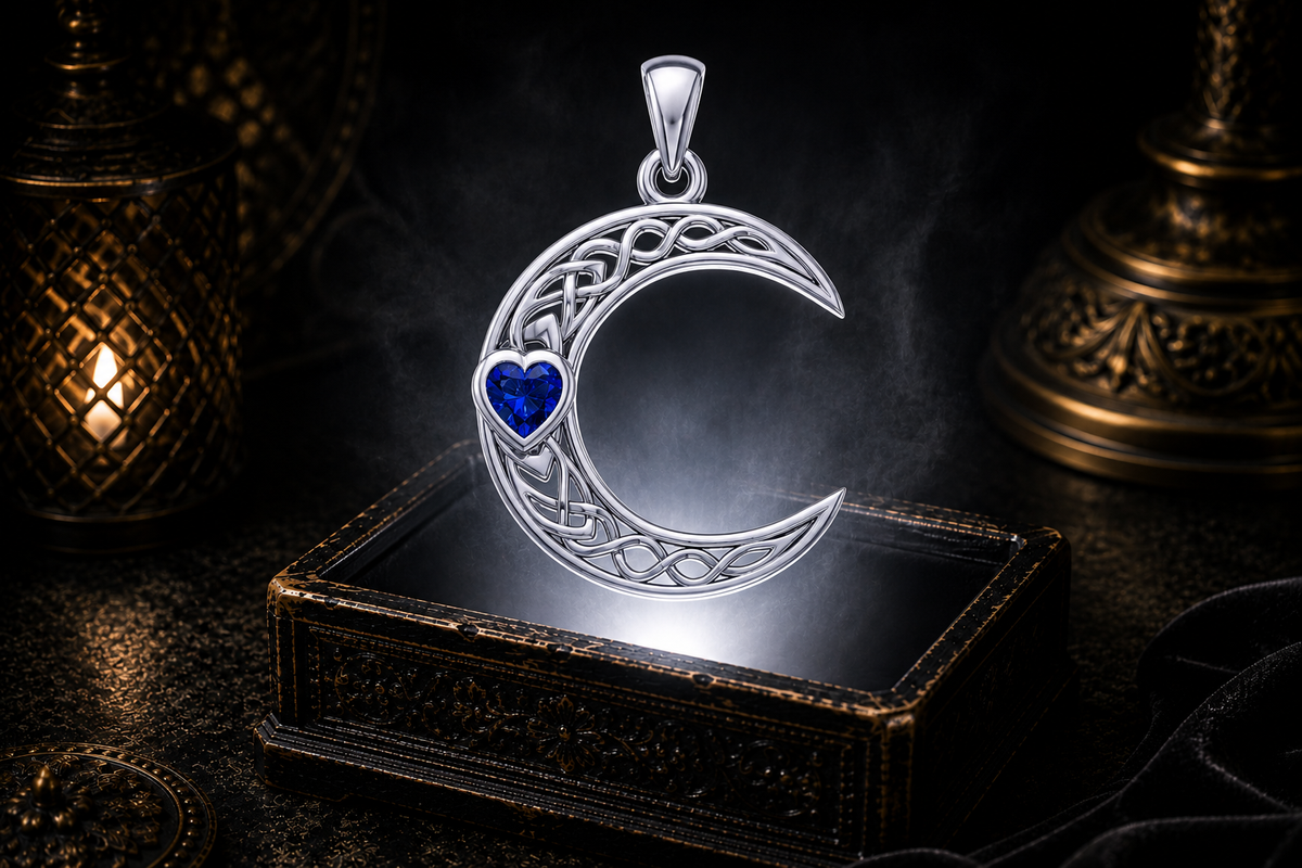 14K white gold crescent moon pendant featuring a heart-shaped sapphire gemstone and intricate Celtic knotwork floating above an ornate jewelry box in a dark cinematic luxury setting illuminated by a mystical glow.