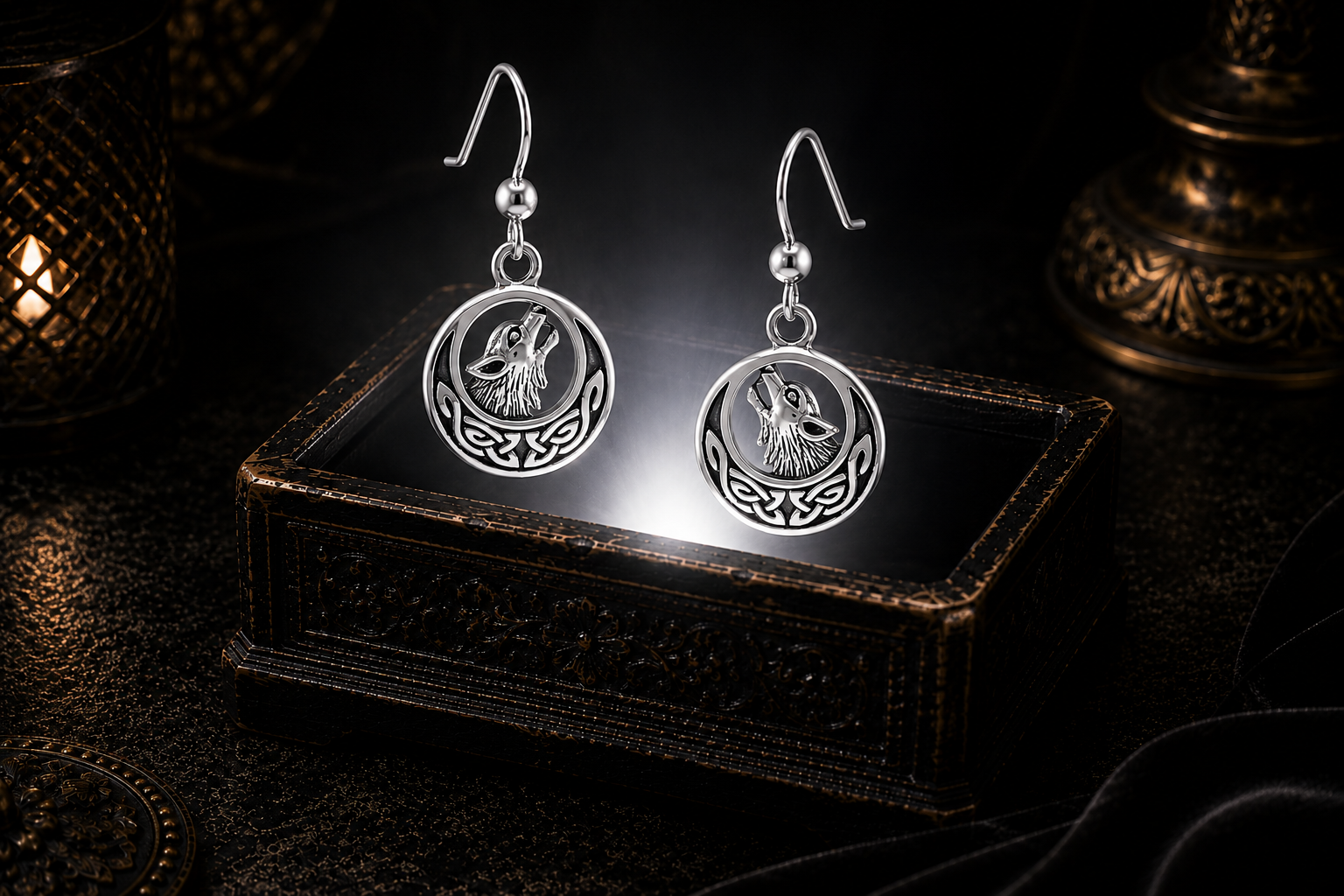 Crescent Moon howling Wolf sterling silver earrings with Celtic knotwork and howling wolf design