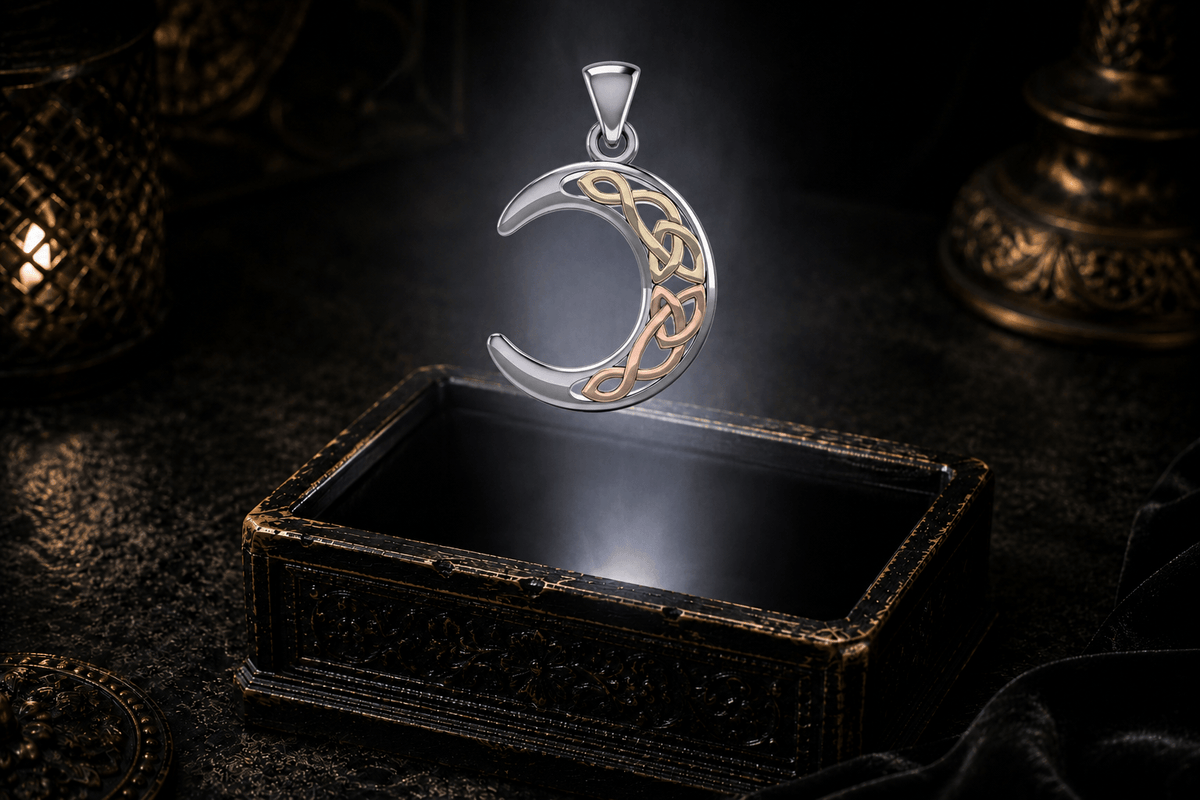 Sterling silver crescent moon pendant with yellow gold and pink gold Celtic knotwork floating above an ornate antique jewelry box.