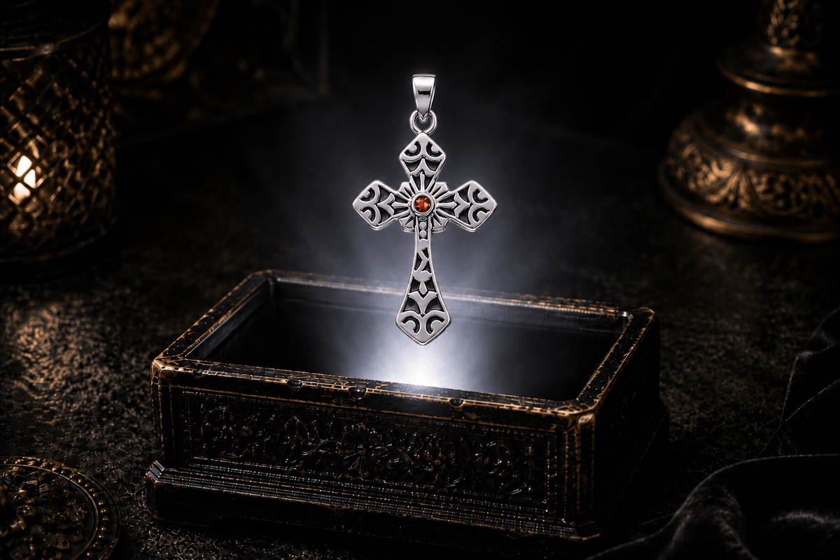 Sterling silver Gothic cross pendant with a Garnet gemstone hovering above an ornate antique jewelry box