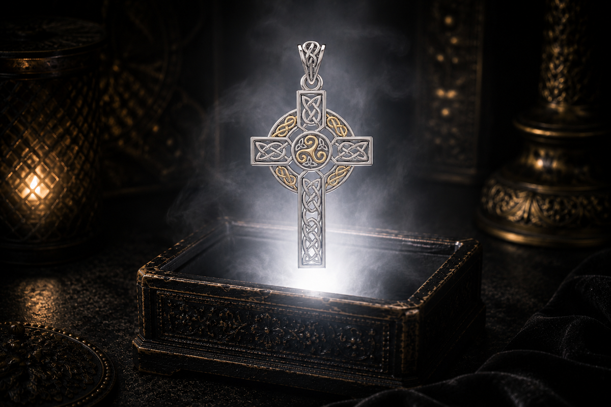 .925 sterling silver cross pendant with a gold triskele centerpiece and openwork Celtic knotwork, floating above an ornate jewelry box in a refined dark luxury setting with warm candlelight, cinematic lighting, and a mystical atmosphere.