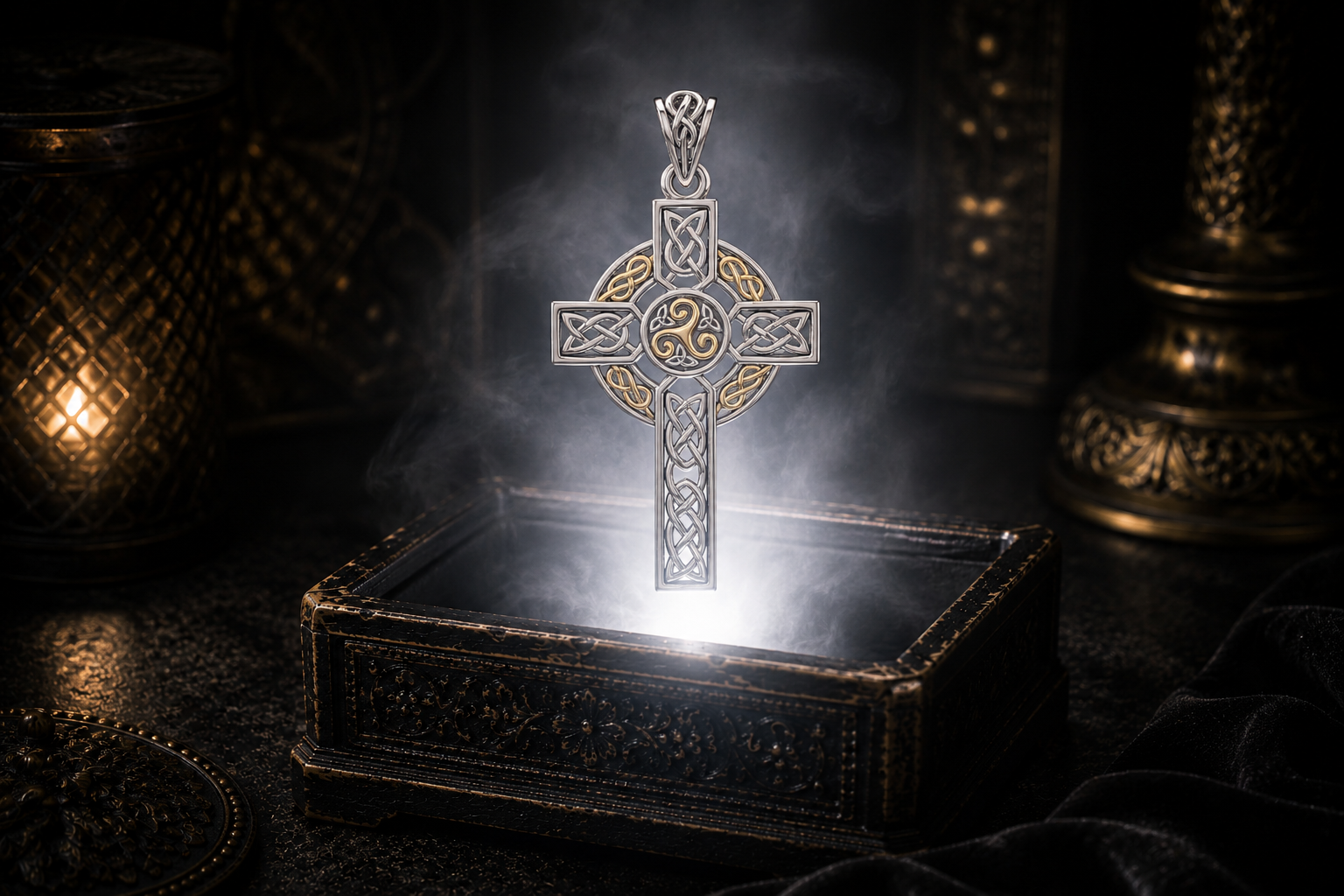 .925 sterling silver cross pendant with a gold triskele centerpiece and openwork Celtic knotwork, floating above an ornate jewelry box in a refined dark luxury setting with warm candlelight, cinematic lighting, and a mystical atmosphere.