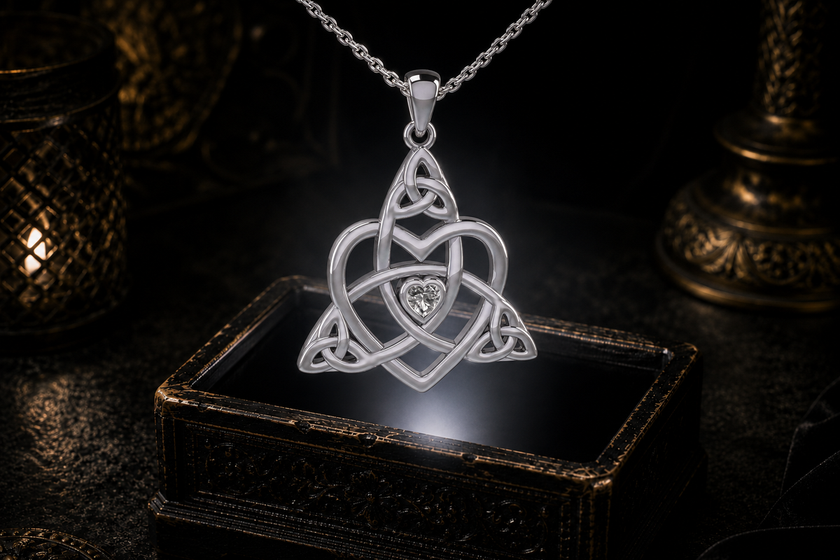 Celtic Trinity heart pendant with clear cubic zirconia and sterling silver cable chain suspended in a neutral white beam above an ornate jewelry box