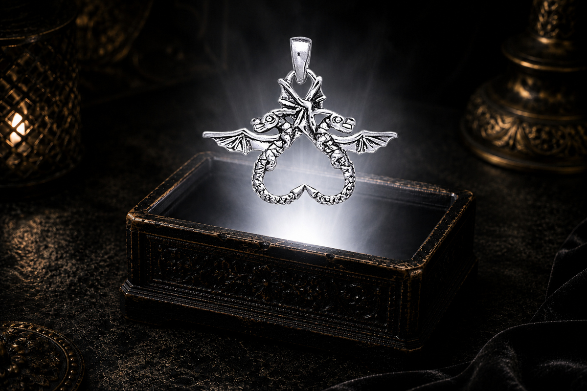 14K white gold double dragon heart pendant floating above an ornate black jewelry box with soft white glow, swirling mist, and a dark luxurious Celtic-inspired setting.