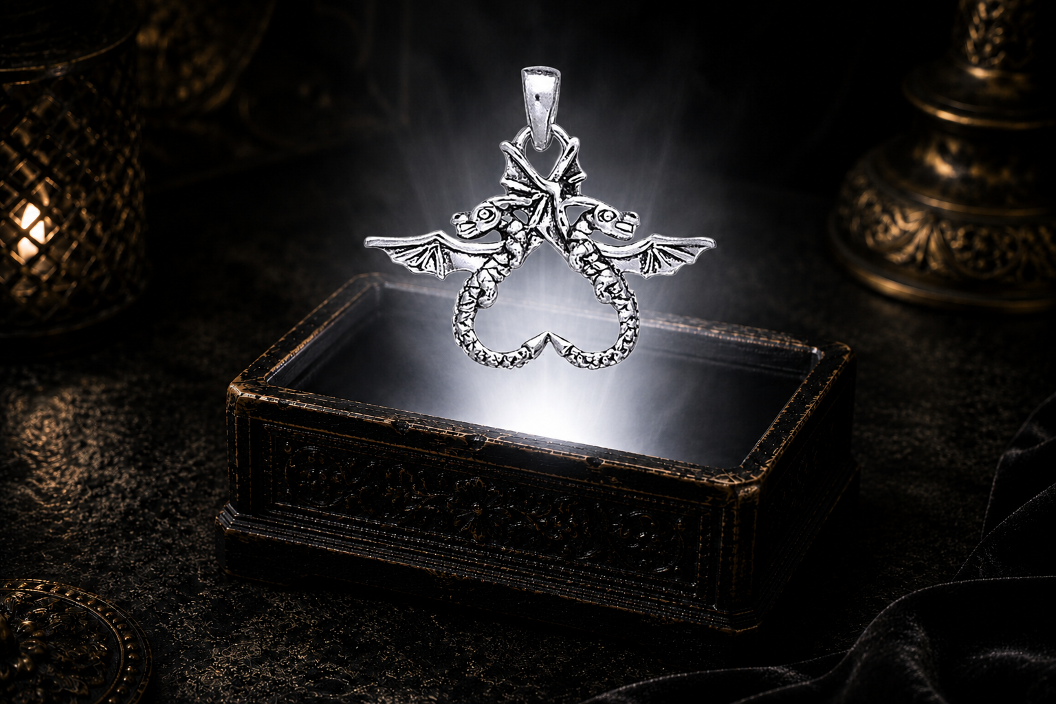 14K white gold double dragon heart pendant floating above an ornate black jewelry box with soft white glow, swirling mist, and a dark luxurious Celtic-inspired setting.