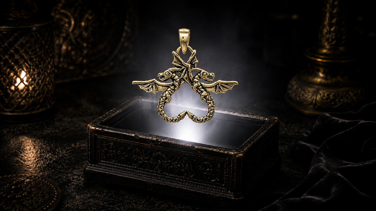 14K yellow gold double dragon heart pendant floating above an ornate dark jewelry box surrounded by luminous white light and drifting mist in a cinematic luxury setting, featuring two intertwined Celtic dragons forming a heart symbol of love and protection.