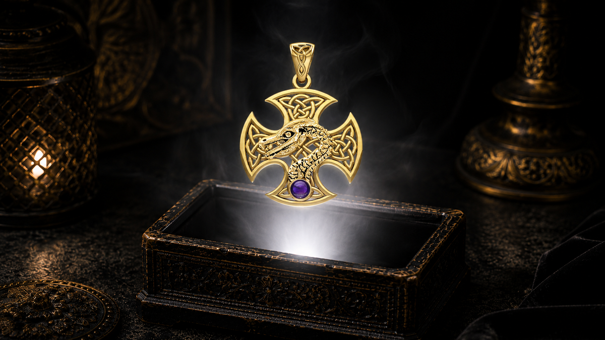 14K solid gold Dragon Serpent Celtic Cross pendant with amethyst gemstone floating above an ornate black jewelry box illuminated by soft white light in a dark luxurious Celtic-inspired setting with candlelit ambiance.