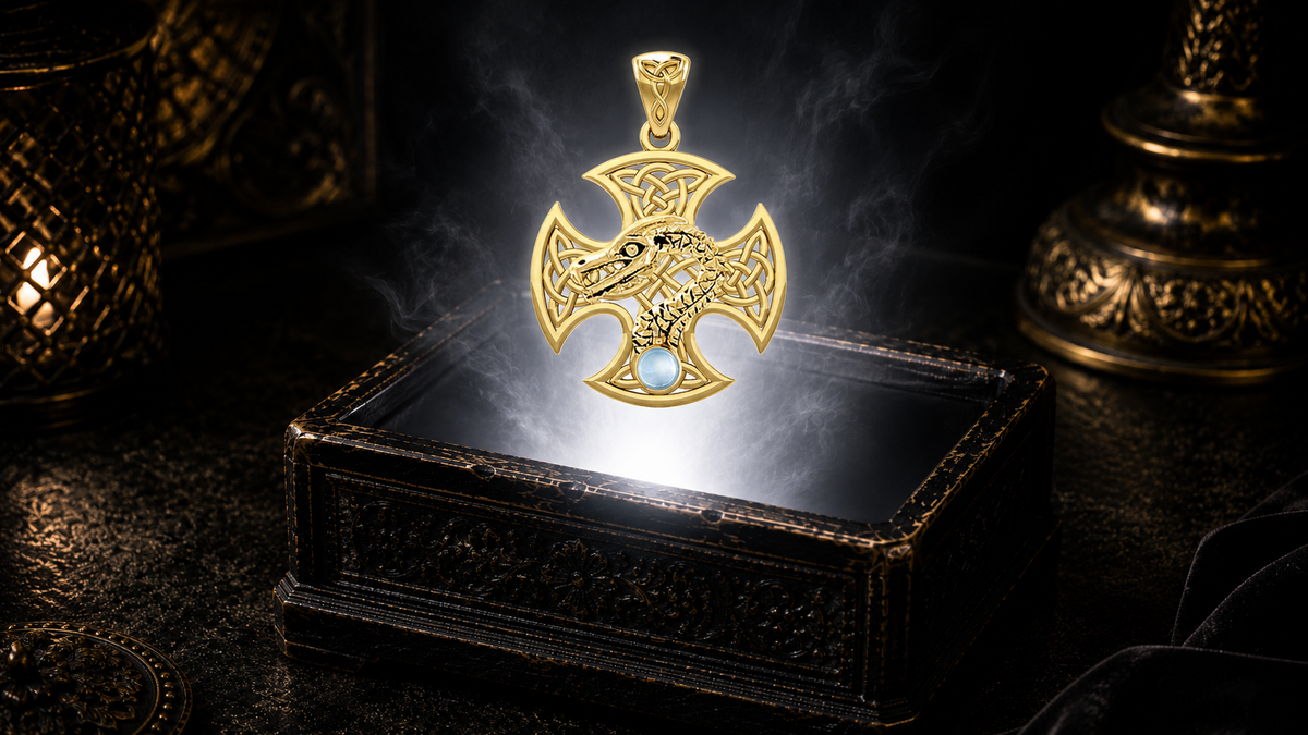 14K solid gold Dragon Serpent Celtic Cross pendant with blue topaz gemstone floating above an ornate black jewelry box illuminated by soft white light in a dark luxurious Celtic-inspired setting with candlelit ambiance.