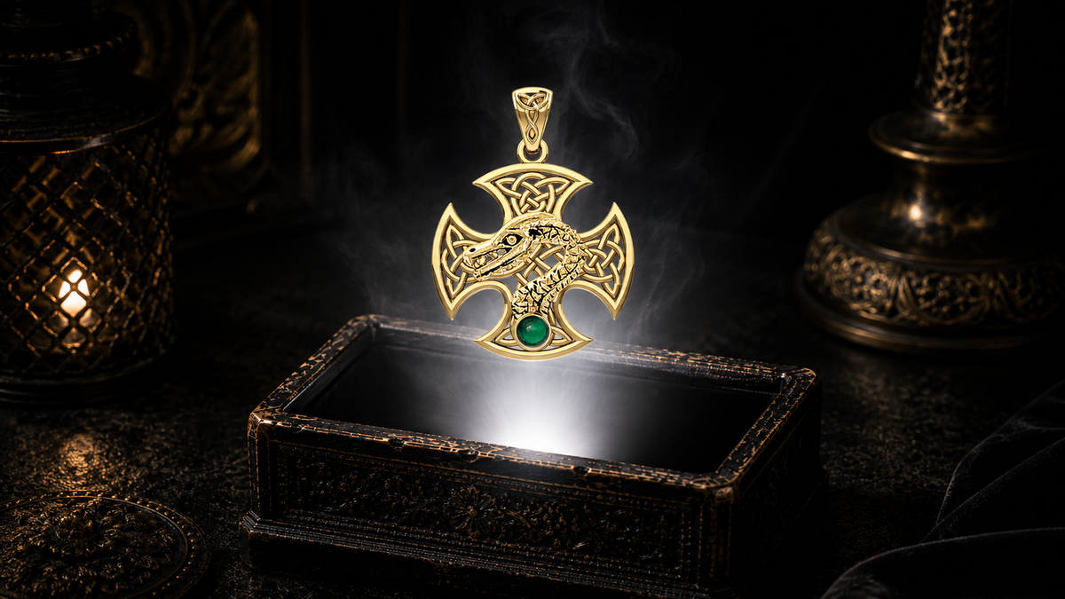 14K solid gold Dragon Serpent Celtic Cross pendant with emerald glass gemstone floating above an ornate black jewelry box illuminated by soft white light in a dark luxurious Celtic-inspired setting with candlelit ambiance.