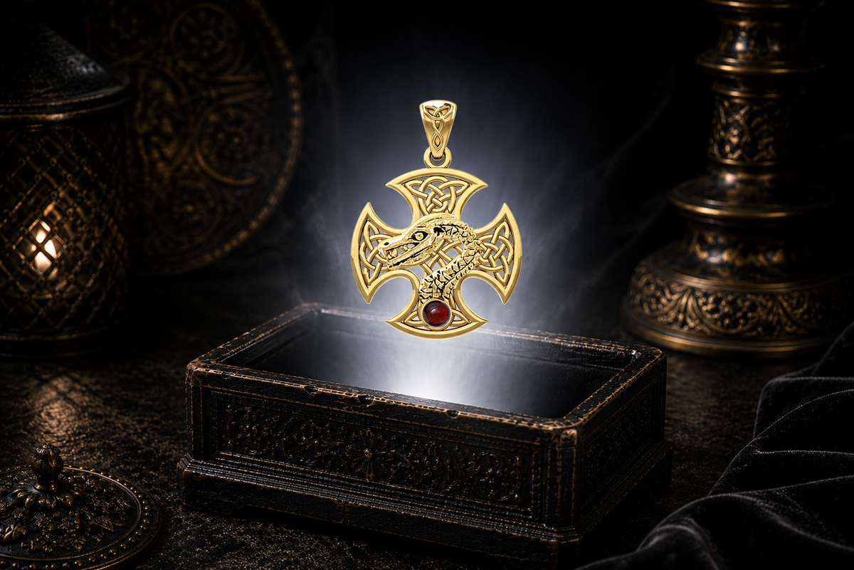 14K solid gold Dragon Serpent Celtic Cross pendant with garnet gemstone floating above an ornate black jewelry box illuminated by soft white light in a dark luxurious Celtic-inspired setting with candlelit ambiance.