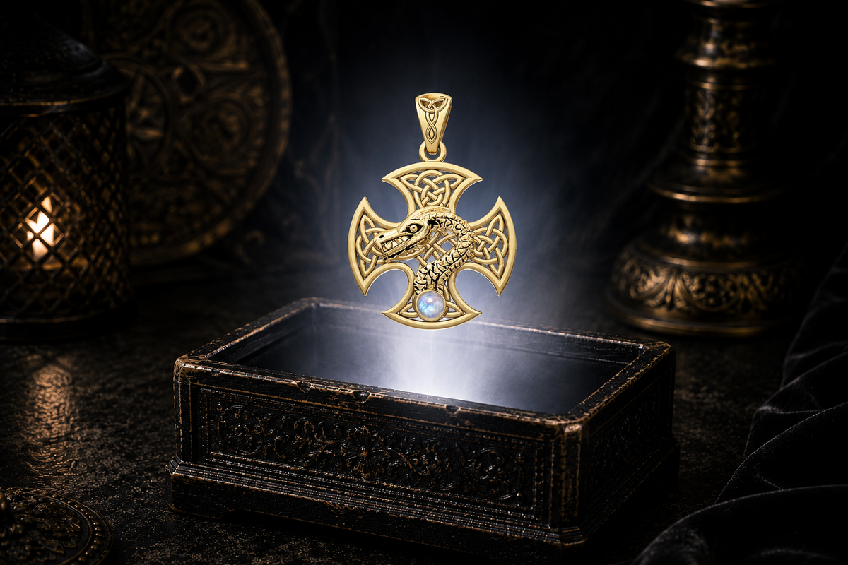 14K solid gold Dragon Serpent Celtic Cross pendant with rainbow moonstone gemstone floating above an ornate black jewelry box illuminated by soft white light in a dark luxurious Celtic-inspired setting with candlelit ambiance.