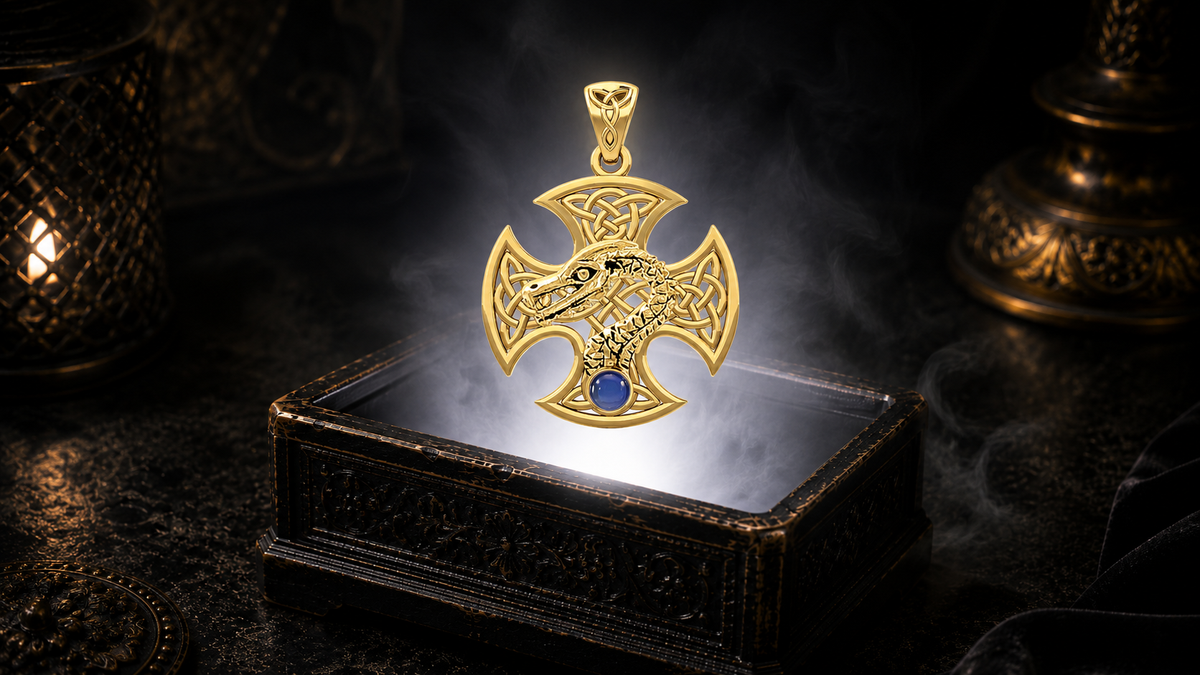 14K solid gold Dragon Serpent Celtic Cross pendant with sapphire gemstone floating above an ornate black jewelry box illuminated by soft white light in a dark luxurious Celtic-inspired setting with candlelit ambiance.