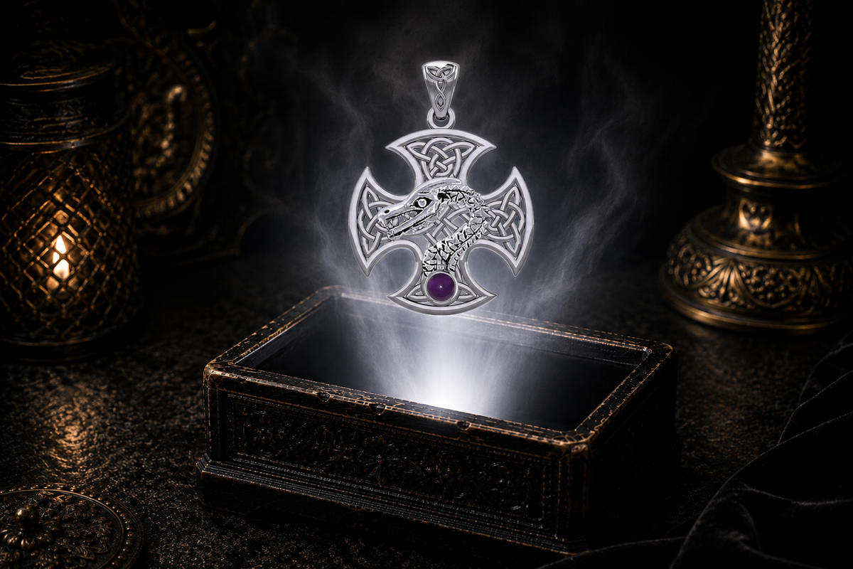 Sterling silver Dragon Serpent Celtic Cross pendant with amethyst gemstone floating above an ornate black jewelry box illuminated by soft white light in a dark luxurious Celtic-inspired setting with candlelit ambiance.
