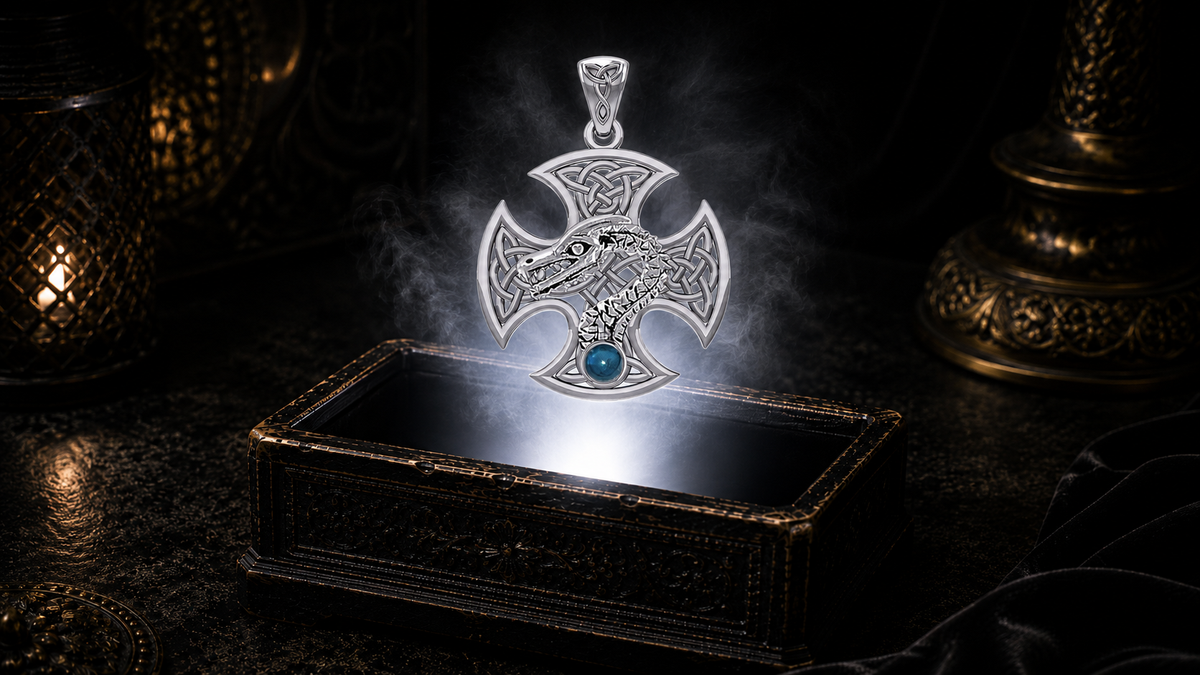 Sterling silver Dragon Serpent Celtic Cross pendant with blue topaz gemstone floating above an ornate black jewelry box illuminated by soft white light in a dark luxurious Celtic-inspired setting with candlelit ambiance.