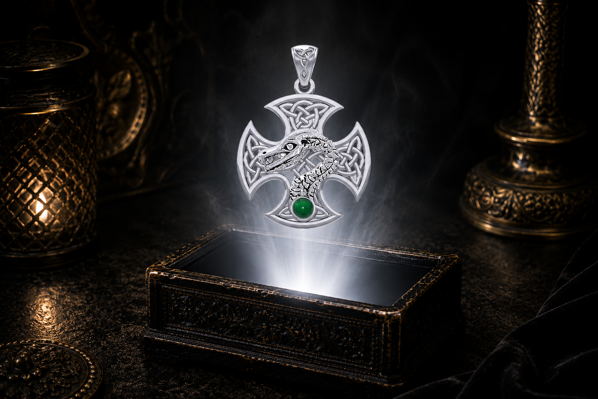 Sterling silver Dragon Serpent Celtic Cross pendant with emerald glass gemstone floating above an ornate black jewelry box illuminated by soft white light in a dark luxurious Celtic-inspired setting with candlelit ambiance.