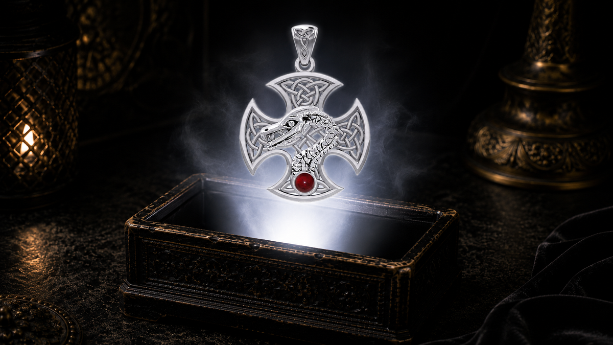 Sterling silver Dragon Serpent Celtic Cross pendant with garnet gemstone floating above an ornate black jewelry box illuminated by soft white light in a dark luxurious Celtic-inspired setting with candlelit ambiance.