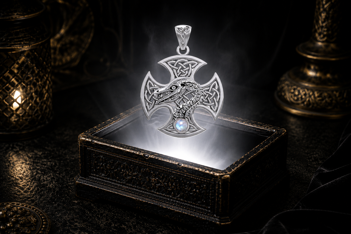 Sterling silver Dragon Serpent Celtic Cross pendant with rainbow moonstone gemstone floating above an ornate black jewelry box illuminated by soft white light in a dark luxurious Celtic-inspired setting with candlelit ambiance.