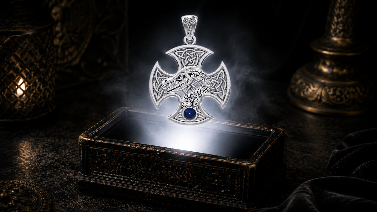 Sterling silver Dragon Serpent Celtic Cross pendant with sapphire gemstone floating above an ornate black jewelry box illuminated by soft white light in a dark luxurious Celtic-inspired setting with candlelit ambiance.